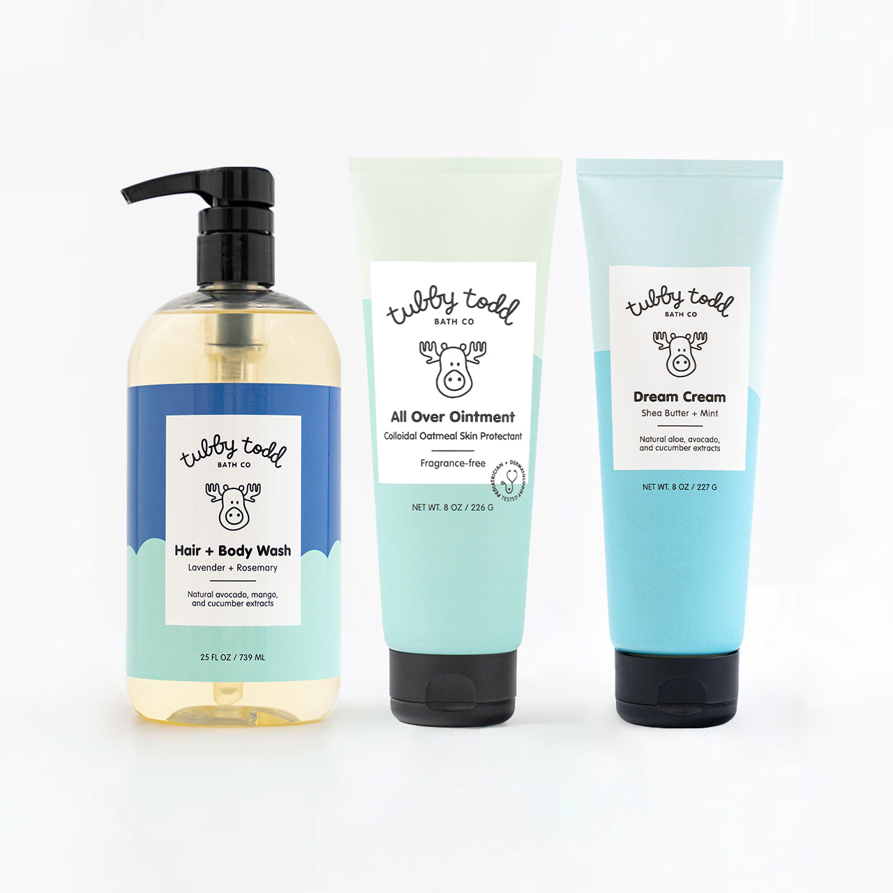 Lavender + Rosemary 25oz Hair + Body Wash, 8oz AOO in tube, and 8oz Dream Cream Shea Butter + Mint